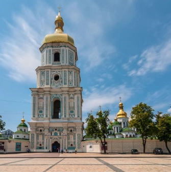 The bell tower of St. Sophia Cathedral with a baroque facade in Kyiv