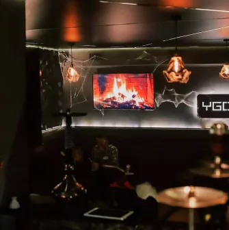 Vugol na Arsenalnii - cozy lounge interior with fireplace screen