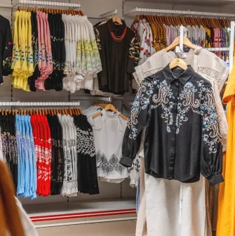 Black and colorful vyshyvanka collection at Folkmart store in Kyiv