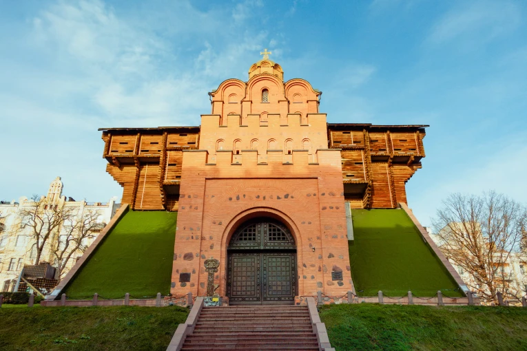 Golden Gate in Kyiv - front view of the fortress with large gates