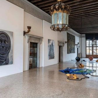 Contemporary installation with paintings and art objects in the hall of the PinchukArtCentre in Kyiv