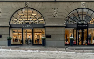 Gucci and Ferragamo store facades at the Passage shopping street in Kyiv