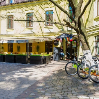 Street terrace of the Dream Hostel in Kyiv
