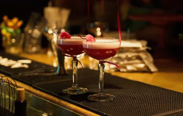 Tisto Syr i Titka Bella – two pink cocktails with foam and petals on bar counter