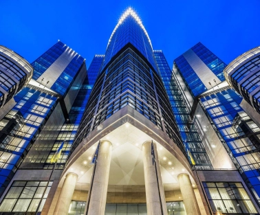 Facade of the Hilton Kyiv hotel in the evening