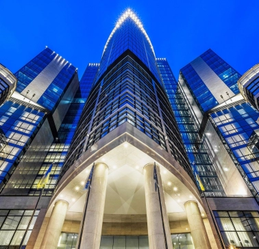 Facade of the Hilton Kyiv hotel in the evening