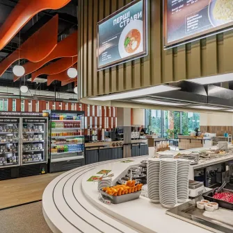 Restaurant Puzata Hata - self-service counter with displays and beverage fridges