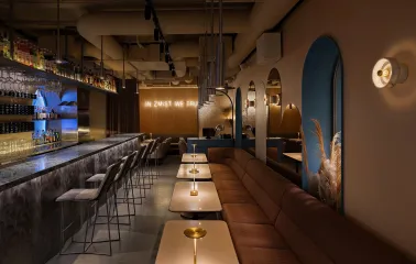 Zmist - modern dining hall with stylish lighting and furniture