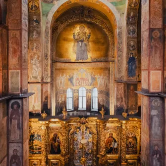 Saint Sophia Cathedral in Kyiv - interior altar with golden iconostasis and mosaics
