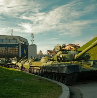 War Museum in Kyiv - line of tanks displayed on the museum grounds