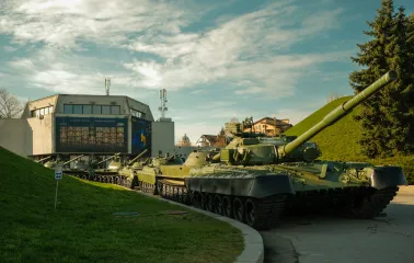 War Museum in Kyiv - line of tanks displayed on the museum grounds