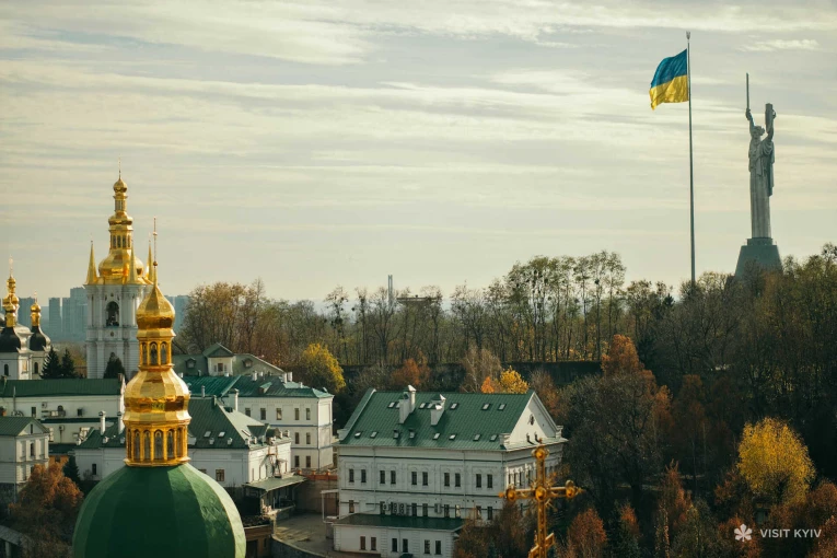 General view of the Kyiv Pechersk Lavra domes and the Motherland Monument in Kyiv