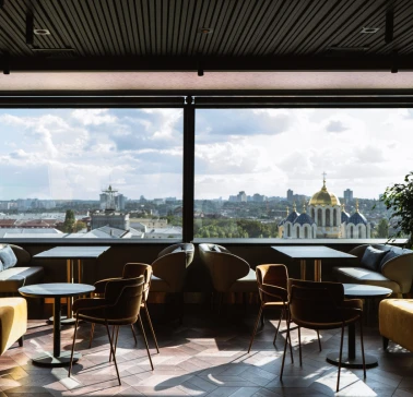 Panoramic view of Kyiv from 11 Mirrors restaurant