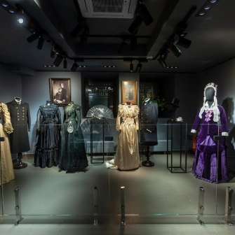 Historical costumes from different periods on display at the Victoria Museum in Kyiv