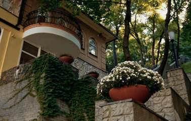 Vozdvyzhenskyi in Kyiv - exterior view of stone stairs with a large flower pot and building balcony