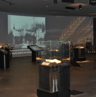Exhibition hall of the Holodomor museum with historical photographs and exhibits