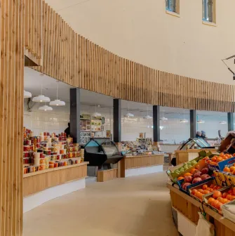 Fresh fruit and pickles on display at Bessarabskyi Market in Kyiv