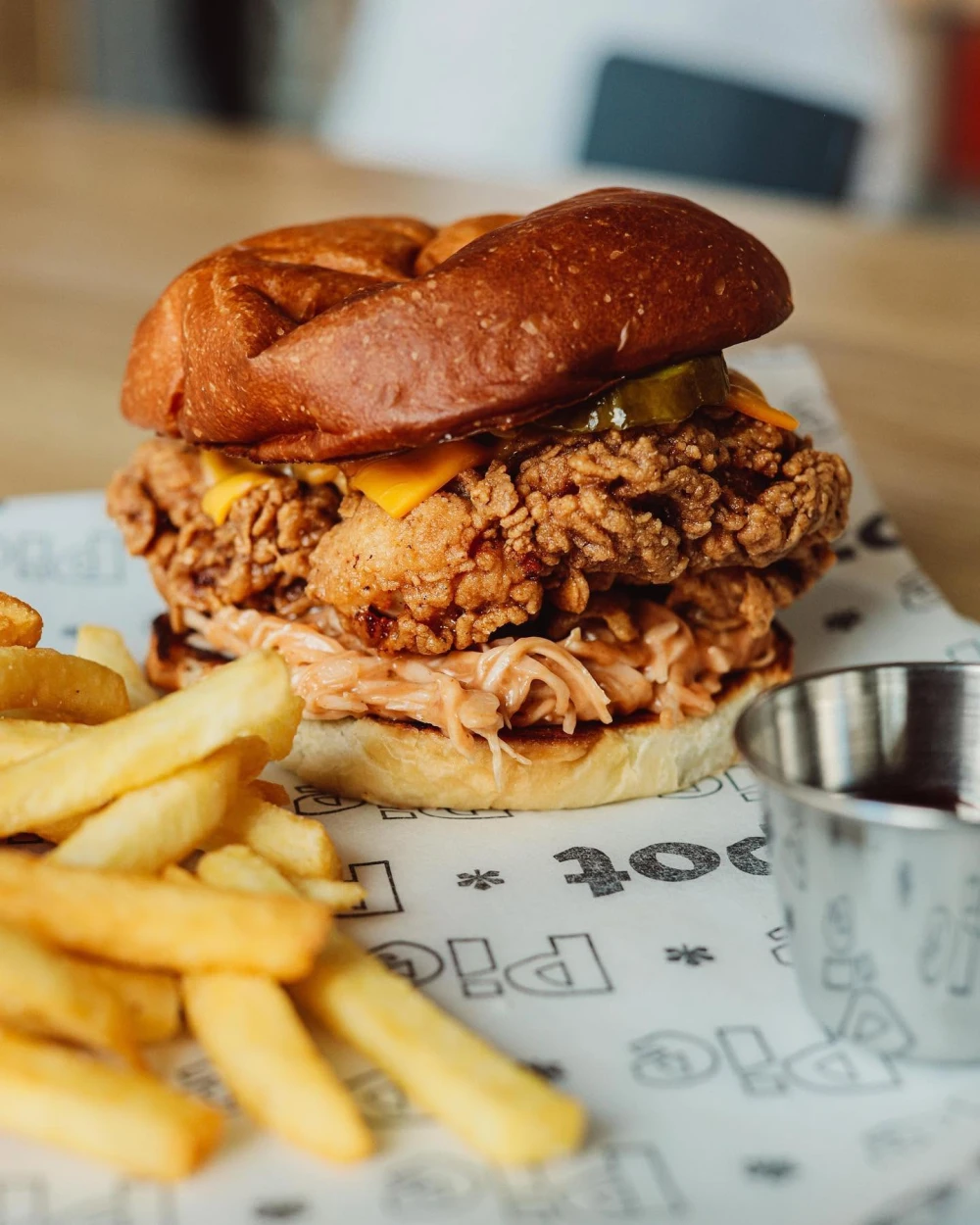 Large burger with french fries at Pie Spot