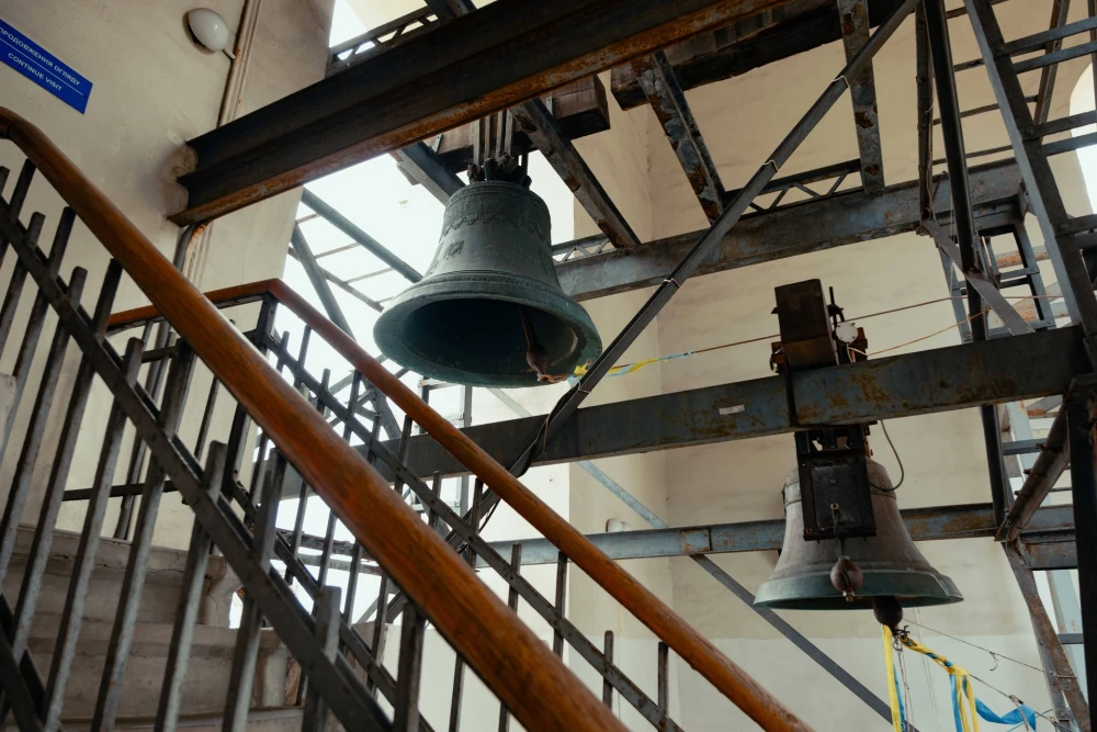 Historic church bells inside the bell tower of Saint Sophia Cathedral in Kyiv