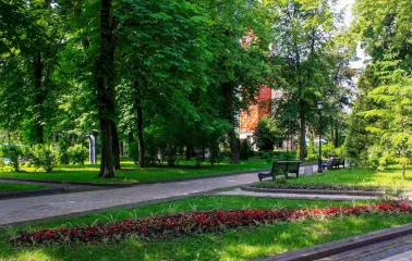 Khreshchatyi Park in Kyiv - landscaped paths with red flower beds