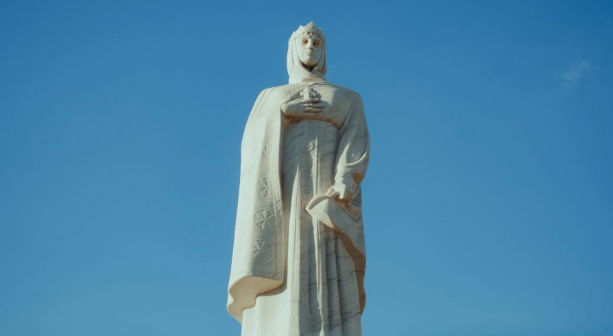 Low angle view of white Princess Olga statue in Kyiv