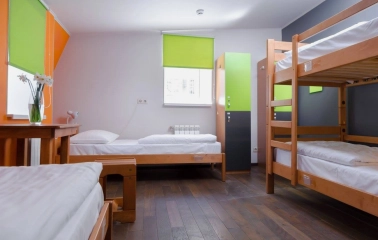 Bright dormitory room with bunk beds at Dream Hostel in Kyiv