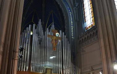 Organ, choir and altar during a performance at St. Nicholas Church in Kyiv