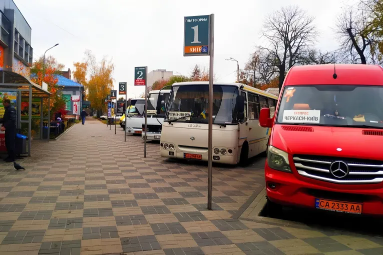 Intercity buses at Kyiv bus station serving regional routes in Kyiv