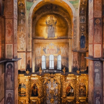 Saint Sophia Cathedral in Kyiv - interior altar with golden iconostasis and mosaics