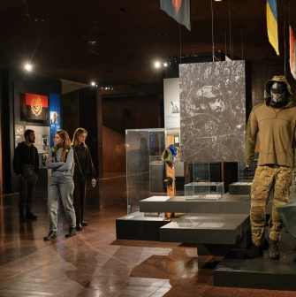 War Museum in Kyiv - interior hall with modern war exhibits and personal stories of soldiers