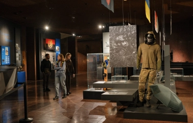 War Museum in Kyiv - interior hall with modern war exhibits and personal stories of soldiers