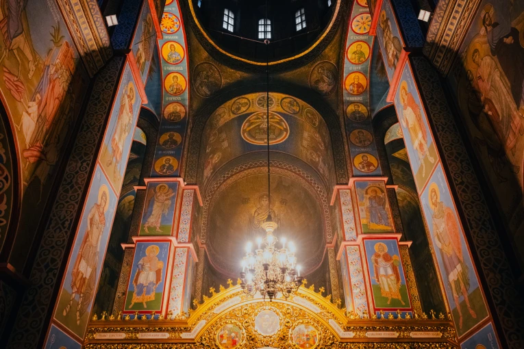 St. Michael's Cathedral in Kyiv - view of the painted dome and chandelier
