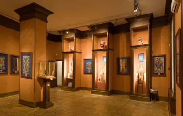 An exhibition of oriental art with decorative vases at the Khanenko Museum in Kyiv