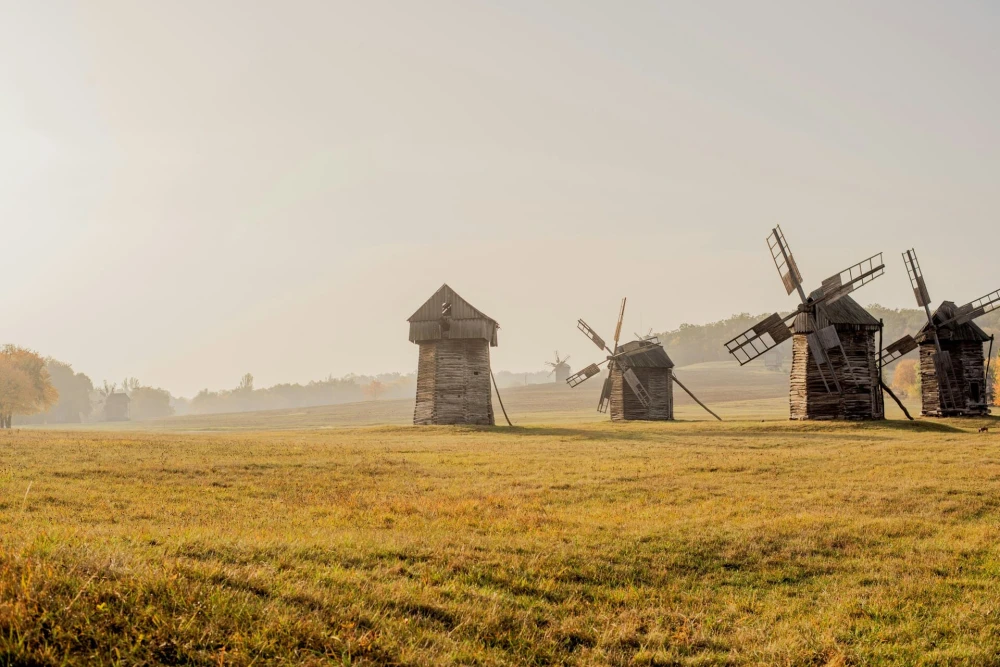 Pyrohiv Museum in Kyiv - line of traditional wooden windmills on open grassland