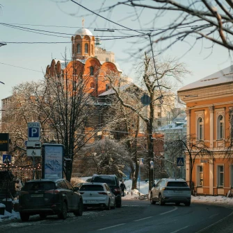 Yaroslaviv Val street view with the Golden Gate in the background in Kyiv