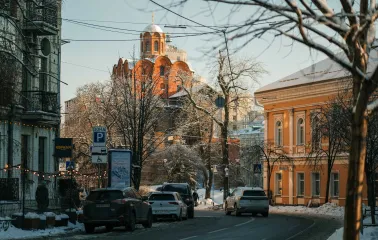 Yaroslaviv Val street view with the Golden Gate in the background in Kyiv
