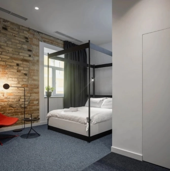 Loft-style room at the Bursa Hotel in Kyiv