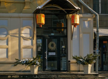 The entrance to China Hi restaurant with red lanterns in Kyiv