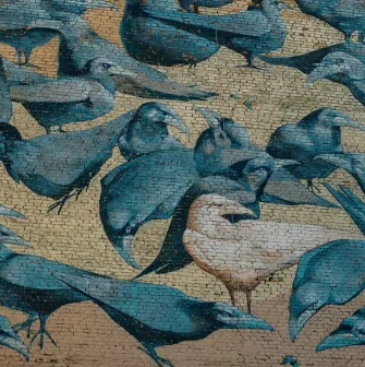 Close-up of the Herald of Life mural featuring crows in Kyiv