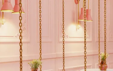 Cozy pink and white Namelaka hall with swings