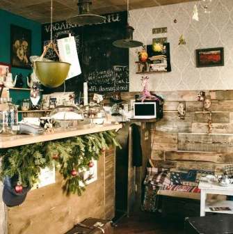 Bar counter and interior at Vagabond Cafe in Podil, Kyiv