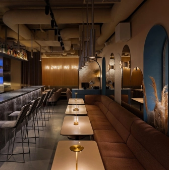 Zmist - modern dining hall with stylish lighting and furniture