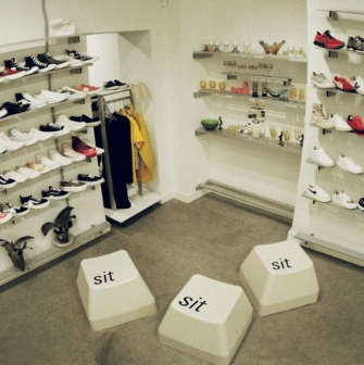 A wall with a large selection of sneakers in the Konyk.dept store in Kyiv