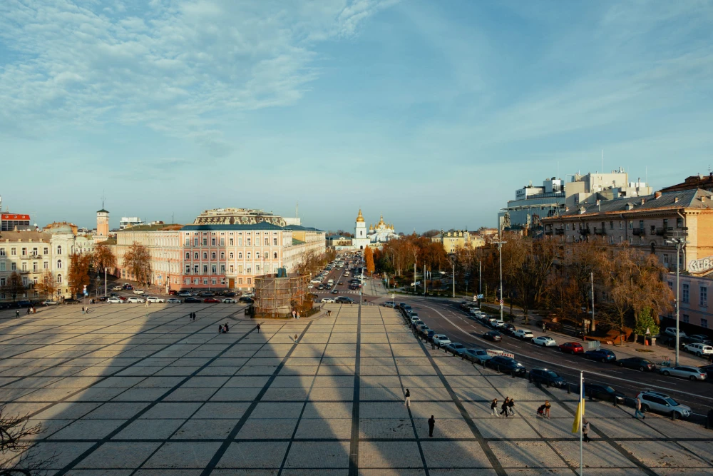 View over Sofiiska Square from Saint Sophia Cathedral bell tower in Kyiv