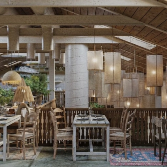 Seliam in Kyiv - spacious attic hall with fabric lanterns and wooden tables