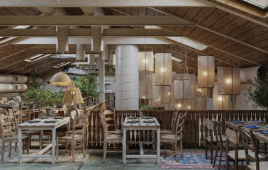 Seliam in Kyiv - spacious attic hall with fabric lanterns and wooden tables