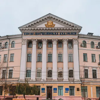 Kyiv-Mohyla Academy in Kyiv - historic curved facade with white columns