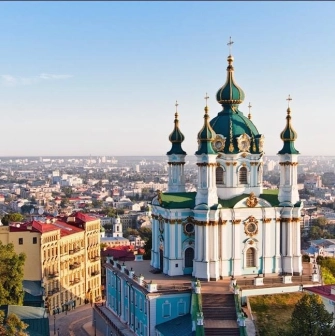 St. Andrew's Church on St. Andrew's Descent, a bird's eye view of Kyiv
