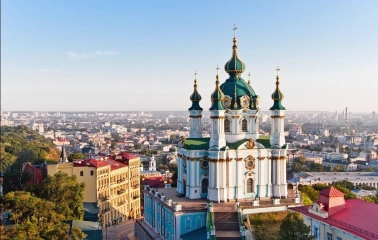 St. Andrew's Church on St. Andrew's Descent, a bird's eye view of Kyiv