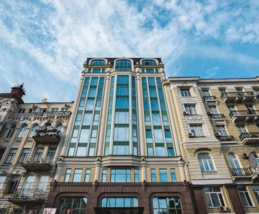 Facade of 11 Mirrors Design Hotel in Kyiv with modern glass design